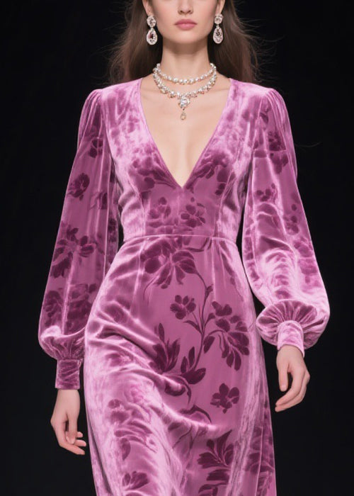 Burnout Floral Velvet Deep V-Neck Bishop Sleeve Lace Ruffle Midi Dress - View 2