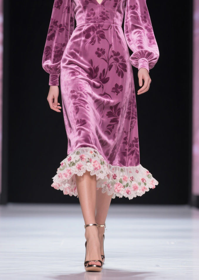 Burnout Floral Velvet Deep V-Neck Bishop Sleeve Lace Ruffle Midi Dress - View 4