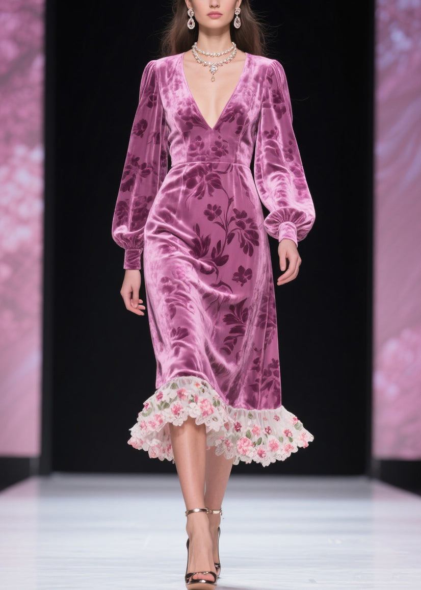Burnout Floral Velvet Deep V-Neck Bishop Sleeve Lace Ruffle Midi Dress - View 5