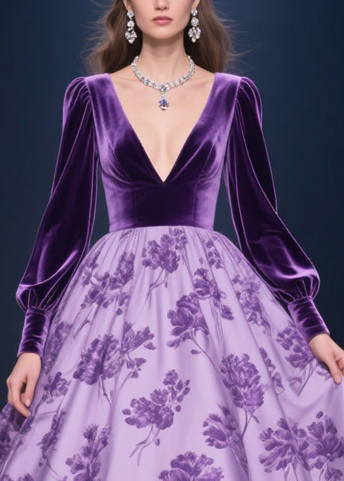 Velvet Deep V-Neck Bishop Sleeve Floral Print Midi Dress - View 2