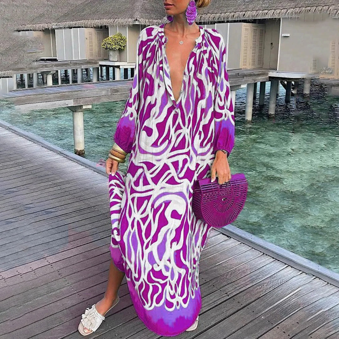 Abstract Swirl Print Deep V-Neck Balloon Sleeve Kaftan Maxi Dress - View 3