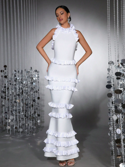 Halter Neck Tiered Ruffle Mermaid Bandage Maxi Gown