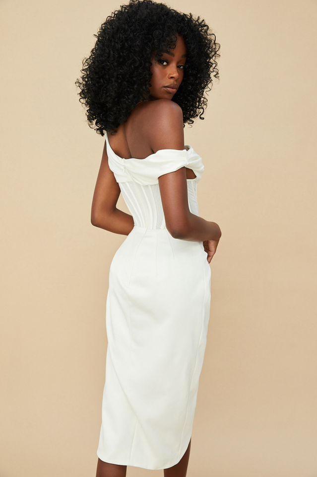 Satin One Shoulder Corset High Split Draped Midi Dress in Ivory - View 13