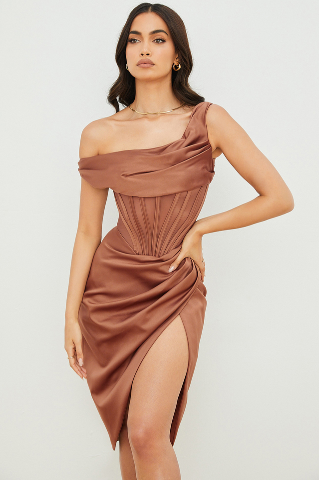 Satin One Shoulder Corset High Split Draped Midi Dress - View 19