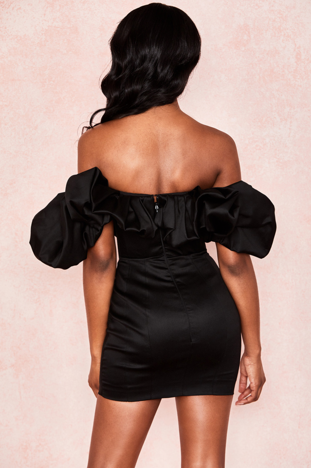 Satin Ruffle Strapless Dress in Black - View 13