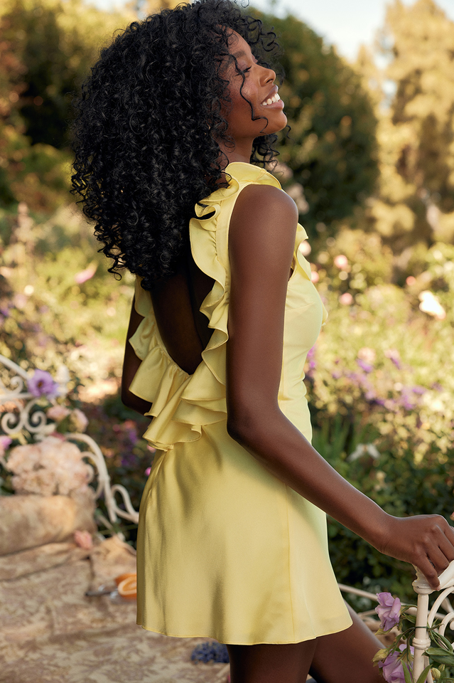 Yellow Silk Satin Ruffle Mini Dress - View 7