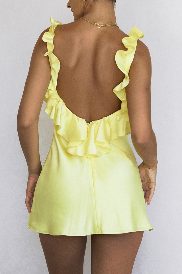 Yellow Silk Satin Ruffle Mini Dress - View 8