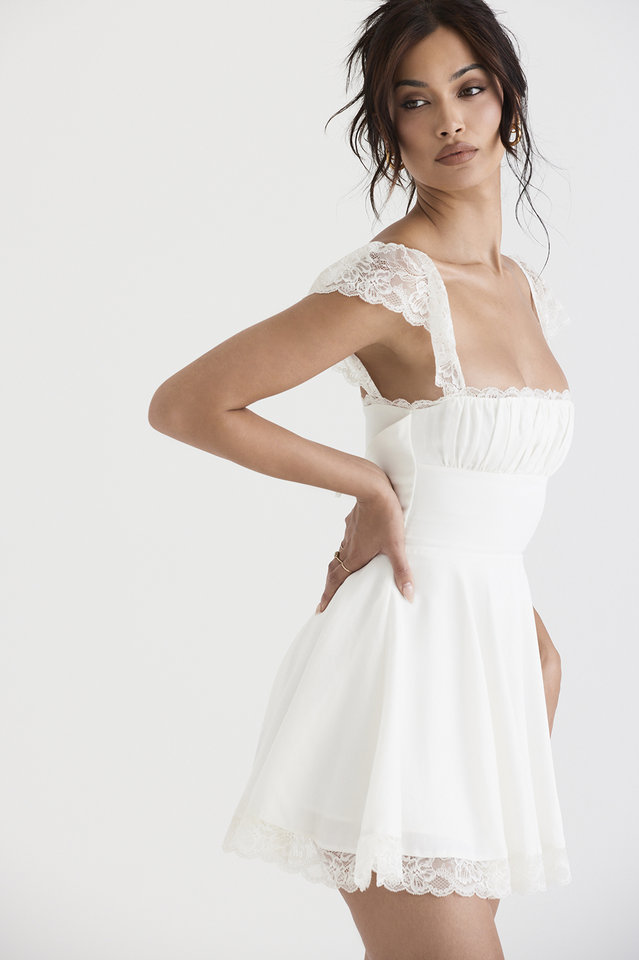 Lace A Line Mini Dress in White - View 4