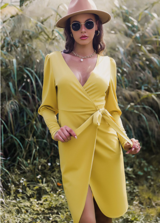 V-Neck Long Sleeve Tie Waist Wrap Midi Dress 2
