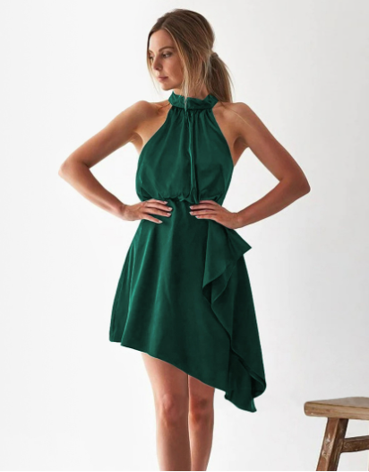 Halter Neck Sleeveless Ruffle Asymmetric Hem Satin Dress 6