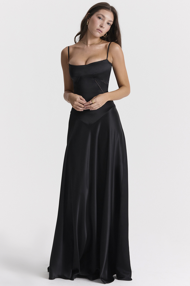 Anabella Black Lace Up Maxi Dress in Fuchsia