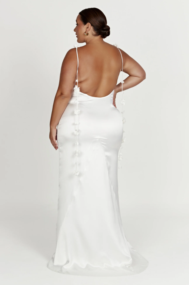 Spaghetti Strap Satin Low Back Floral Applique Tie Strap Maxi Gown - View 9