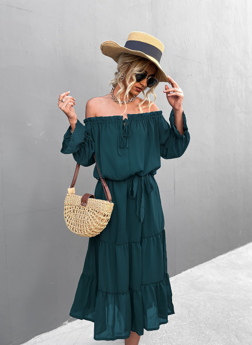 Off Shoulder Long Sleeve Tiered Ruffle Hem Midi Dress 9