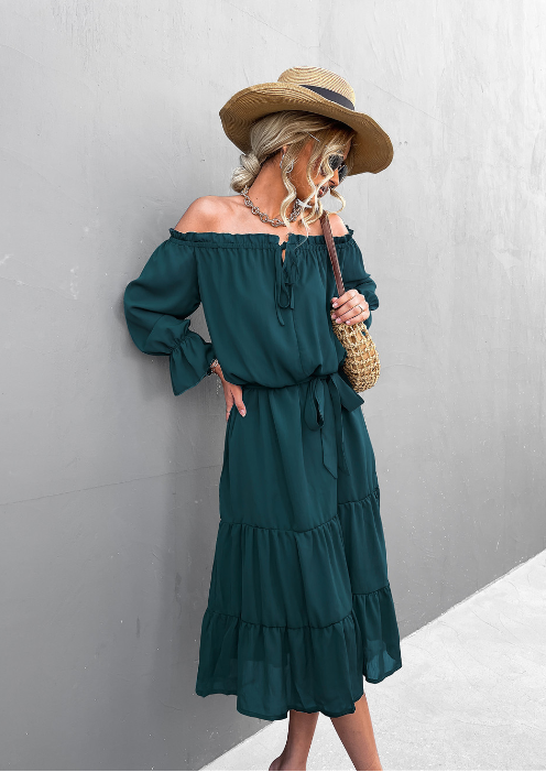 Off Shoulder Long Sleeve Tiered Ruffle Hem Midi Dress 10
