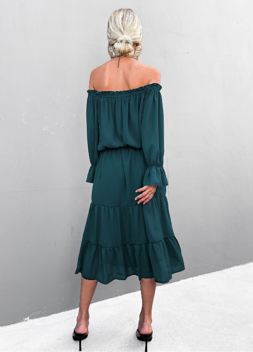 Off Shoulder Long Sleeve Tiered Ruffle Hem Midi Dress 11