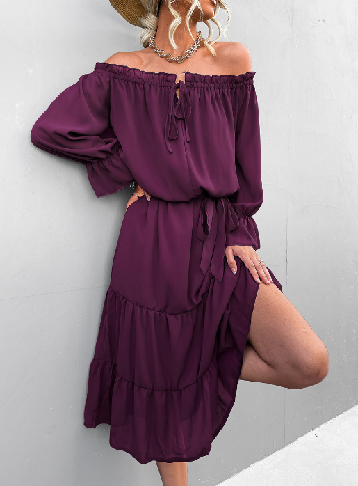 Off Shoulder Long Sleeve Tiered Ruffle Hem Midi Dress 4