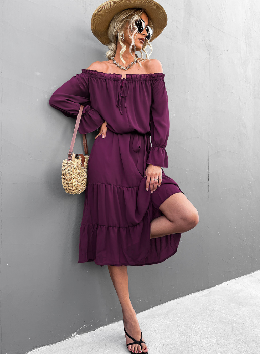 Off Shoulder Long Sleeve Tiered Ruffle Hem Midi Dress 2