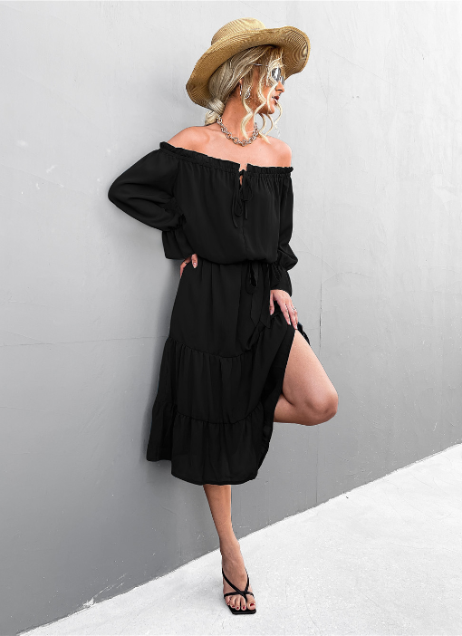 Off Shoulder Long Sleeve Tiered Ruffle Hem Midi Dress 6
