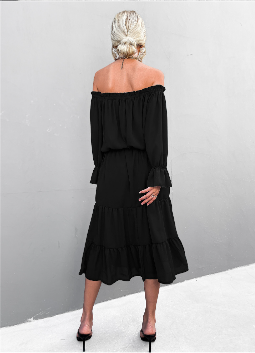 Off Shoulder Long Sleeve Tiered Ruffle Hem Midi Dress 7