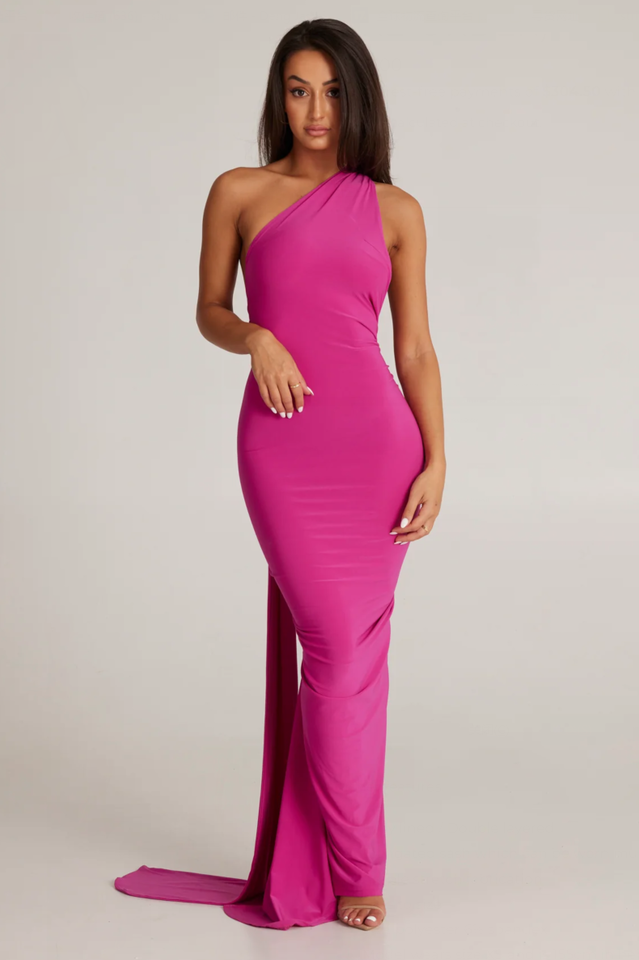 One Shoulder Ruched Open Back Trailing Sash Floor Length Gown - View 2