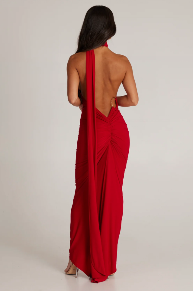 One Shoulder Ruched Open Back Trailing Sash Floor Length Gown - View 11