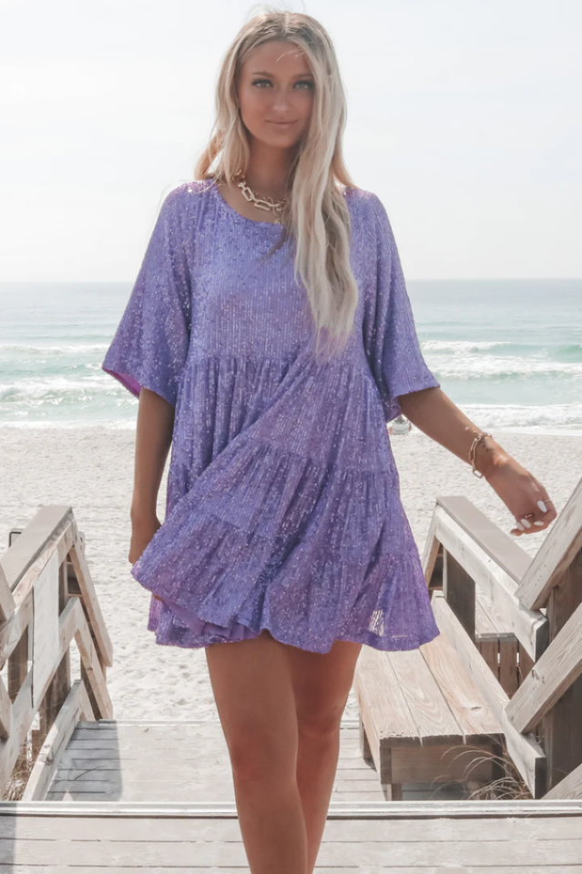 Sequin Tiered Ruffle Short Sleeve Crew Neck Babydoll Mini Party Dress 28