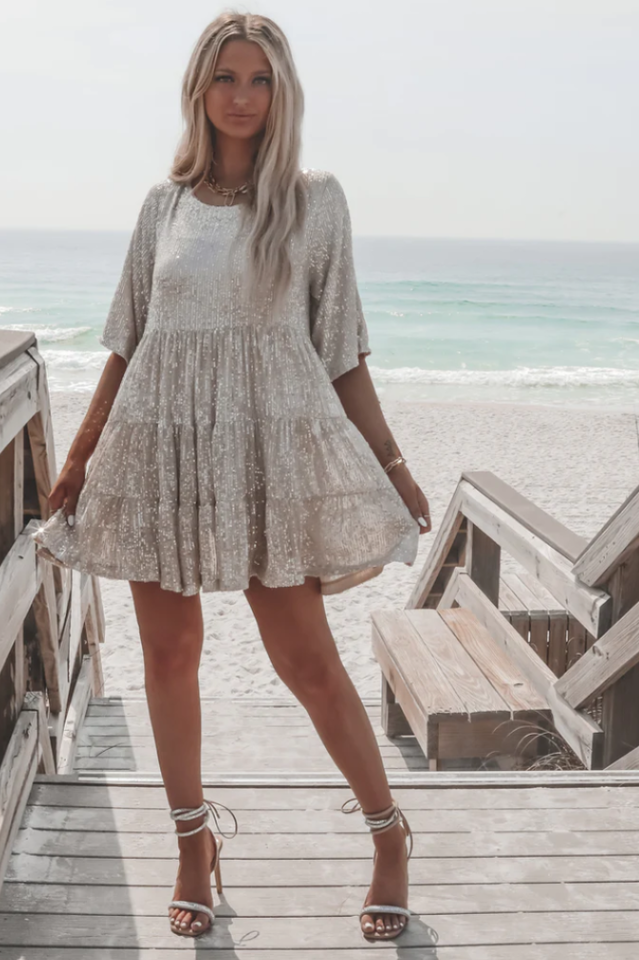 Sequin Tiered Ruffle Short Sleeve Crew Neck Babydoll Mini Party Dress - View 16
