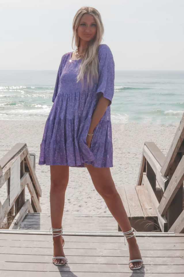 Sequin Tiered Ruffle Crew Neck Short Sleeve Smock Mini Party Dress 29
