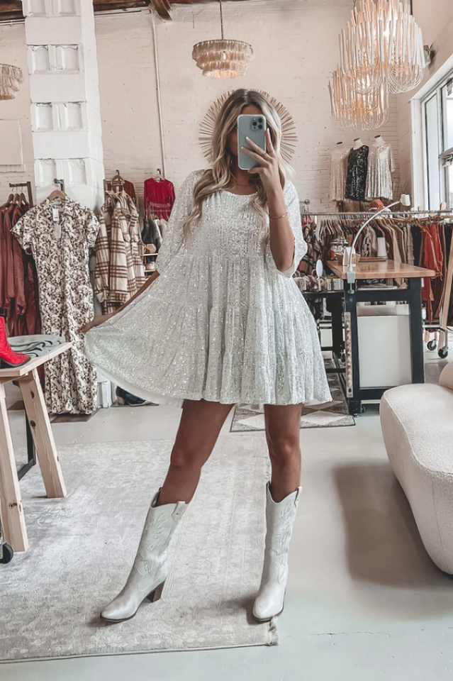 Sequin Tiered Ruffle Crew Neck Short Sleeve Smock Mini Party Dress - View 19