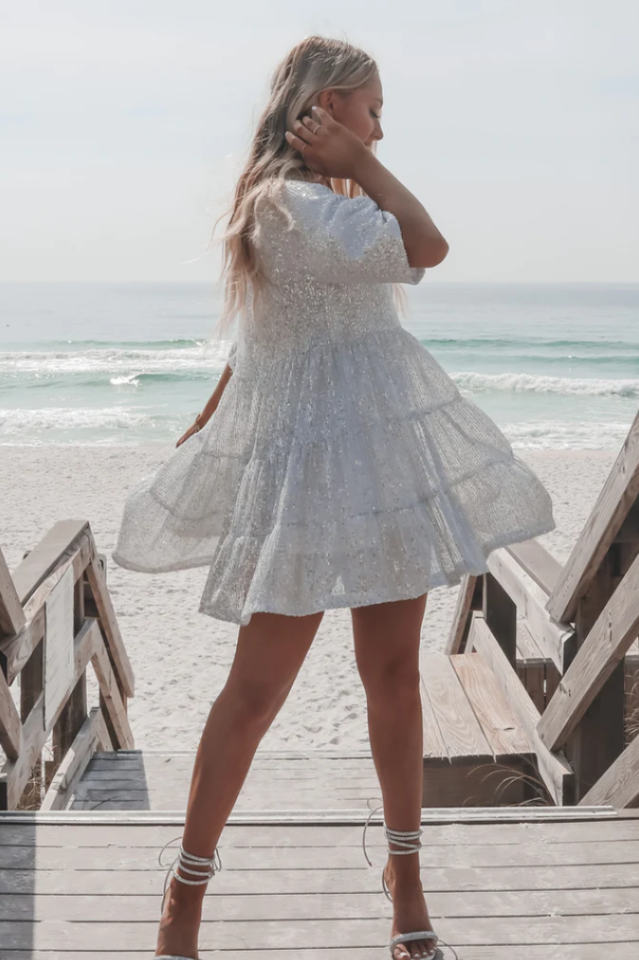 Sequin Tiered Ruffle Crew Neck Short Sleeve Smock Mini Party Dress - View 17