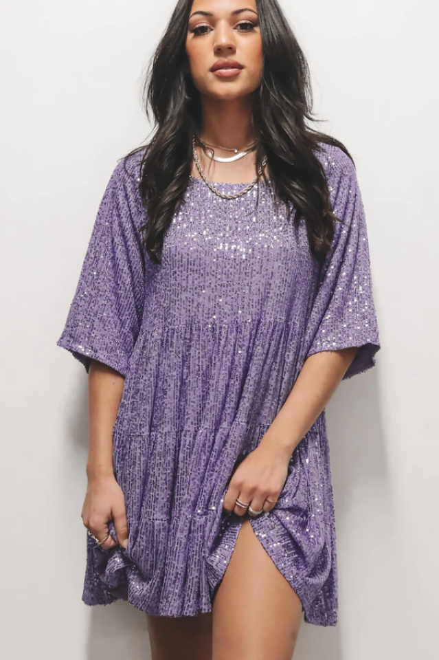 Sequin Tiered Ruffle Short Sleeve Crew Neck Babydoll Mini Party Dress - View 4