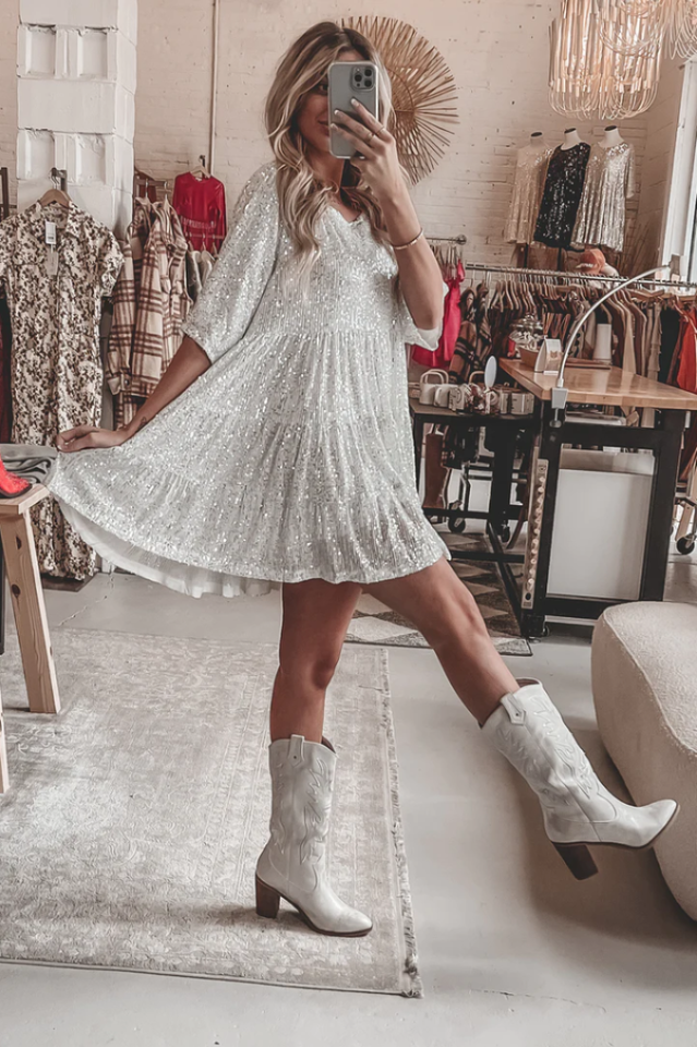 Sequin Tiered Ruffle Short Sleeve Crew Neck Babydoll Mini Party Dress - View 20