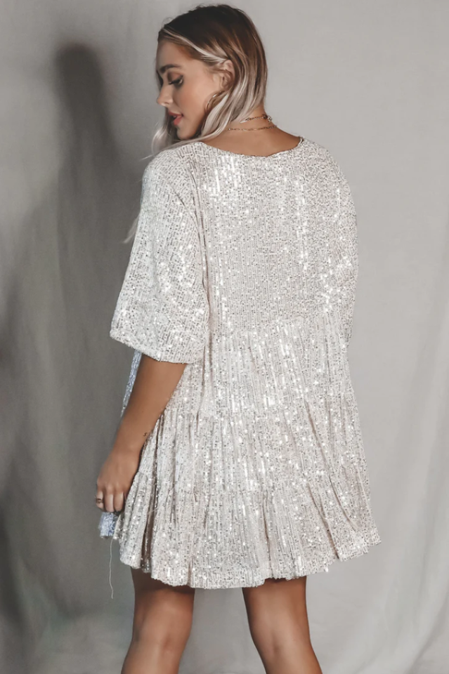 Sequin Tiered Ruffle Short Sleeve Crew Neck Babydoll Mini Party Dress - View 14