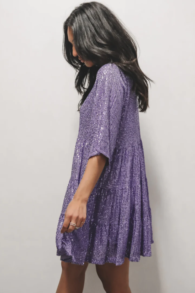 Sequin Tiered Ruffle Short Sleeve Crew Neck Babydoll Mini Party Dress 26