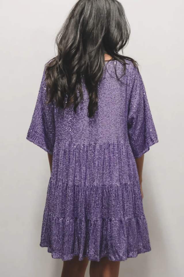 Sequin Tiered Ruffle Short Sleeve Crew Neck Babydoll Mini Party Dress 27
