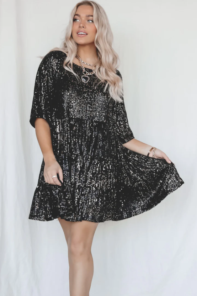 Sequin Tiered Ruffle Crew Neck Short Sleeve Smock Mini Party Dress - View 3
