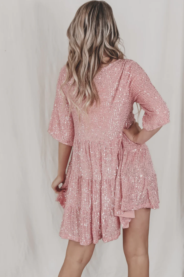 Sequin Tiered Ruffle Crew Neck Short Sleeve Smock Mini Party Dress - View 22