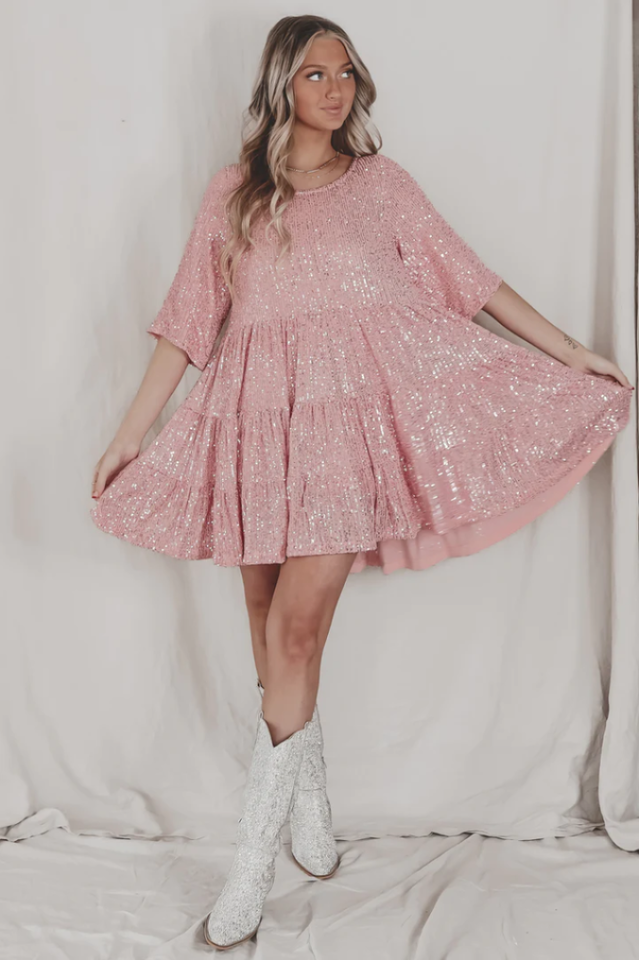 Sequin Tiered Ruffle Short Sleeve Crew Neck Babydoll Mini Party Dress - View 23