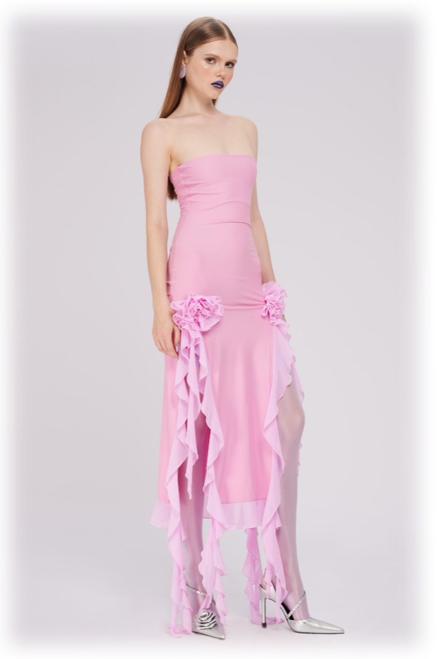 Tulle Strapless Rose Appliqué Ruffle Tiered Handkerchief Hem Maxi Gown - View 6