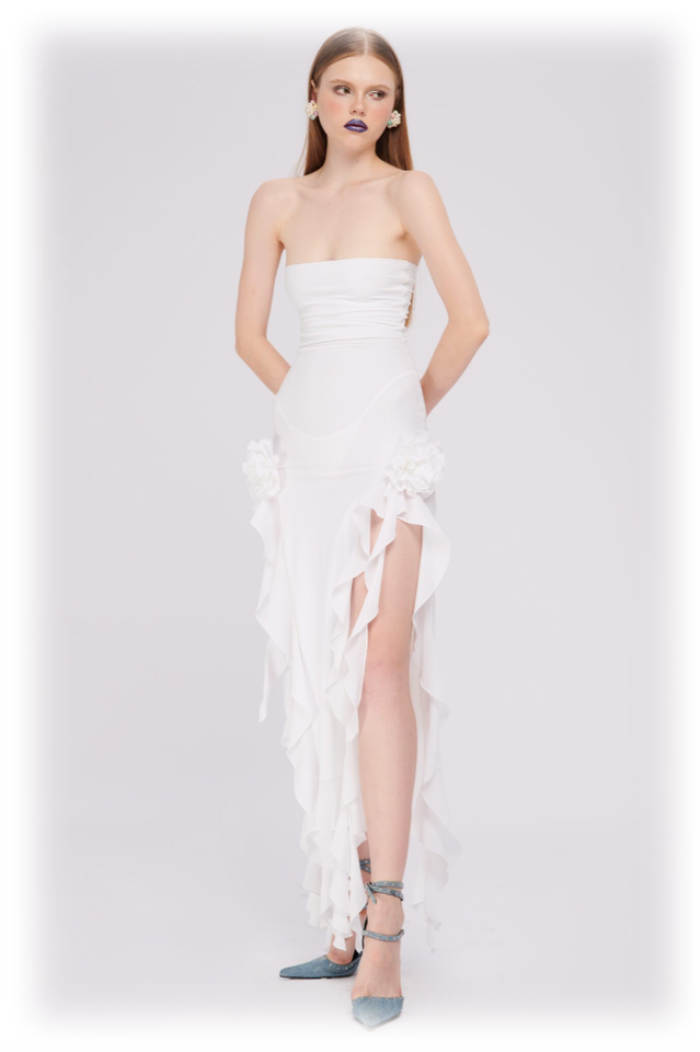 Tulle Strapless Rose Appliqué Ruffle Tiered Handkerchief Hem Maxi Gown - View 8