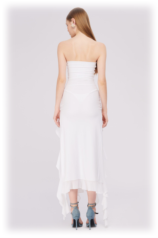 Tulle Strapless Rose Appliqué Ruffle Tiered Handkerchief Hem Maxi Gown - View 10