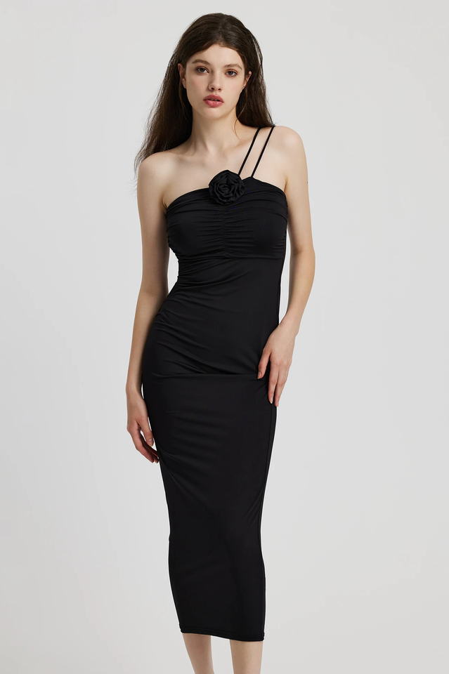One Shoulder Double Strap Rosette Applique Ruched Bodycon Maxi Dress - View 3