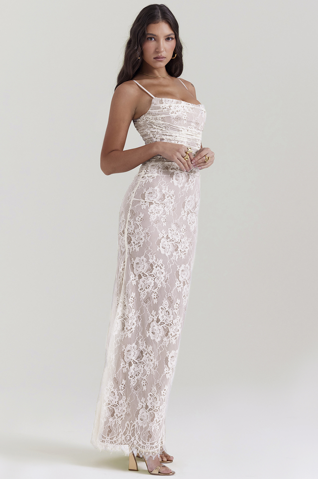 Vintage Cream White Lace Maxi Dress - View 3