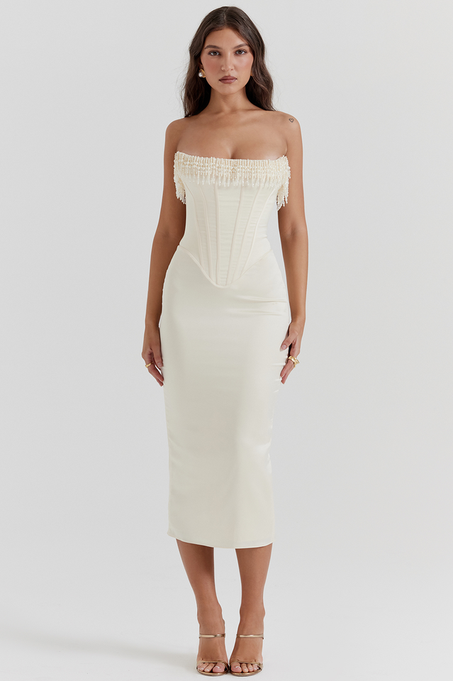 Pearl Fringe Strapless Corset Boned Bodycon Midi Dress - View 4