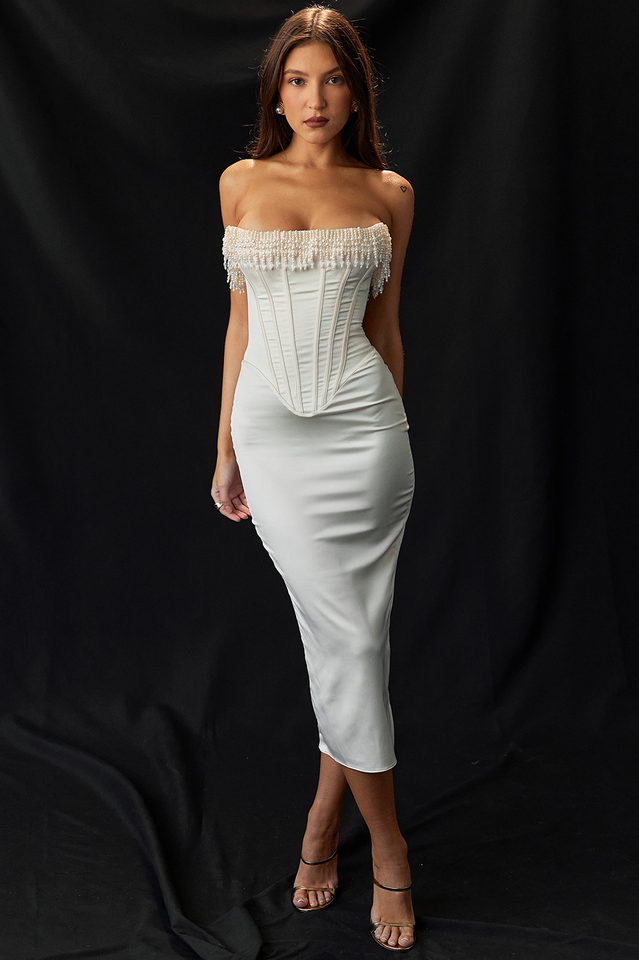 Pearl Fringe Strapless Corset Boned Bodycon Midi Dress - View 7