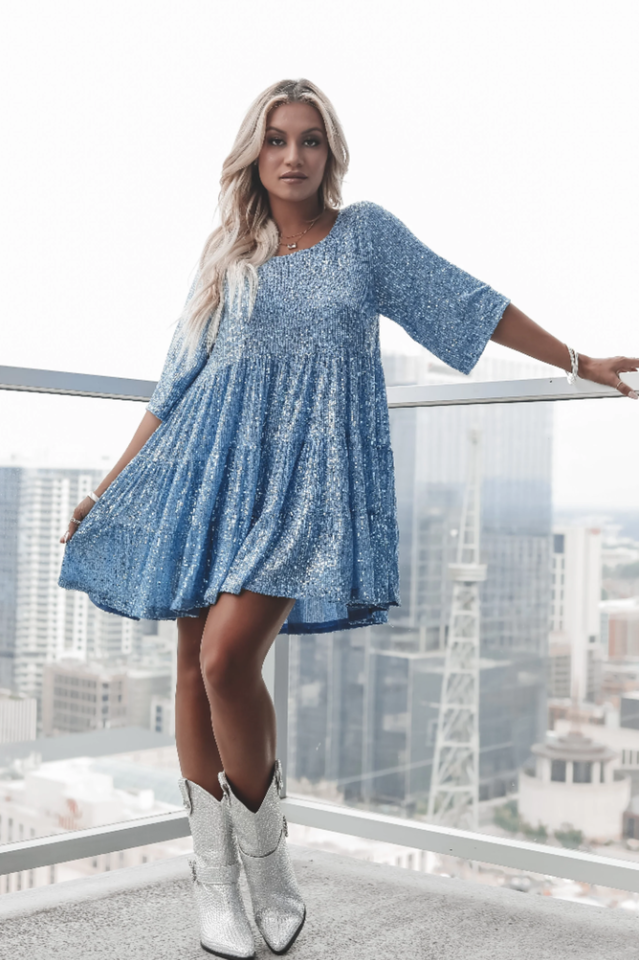 Sequin Tiered Ruffle Crew Neck Short Sleeve Smock Mini Party Dress 35