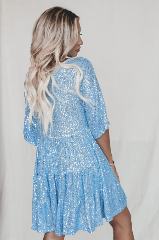 Sequin Tiered Ruffle Short Sleeve Crew Neck Babydoll Mini Party Dress 32