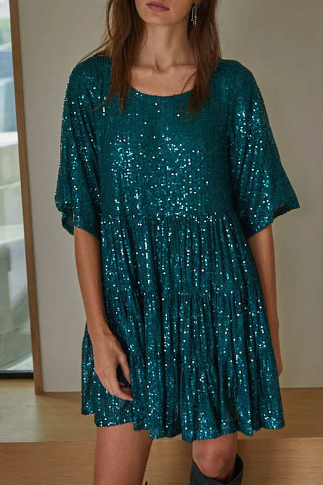 Sequin Tiered Ruffle Crew Neck Short Sleeve Smock Mini Party Dress 36