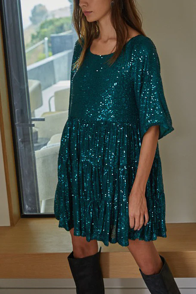 Sequin Tiered Ruffle Crew Neck Short Sleeve Smock Mini Party Dress 37