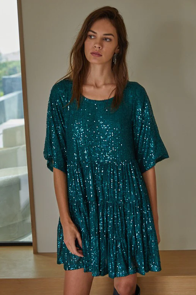 Sequin Tiered Ruffle Crew Neck Short Sleeve Smock Mini Party Dress - View 7